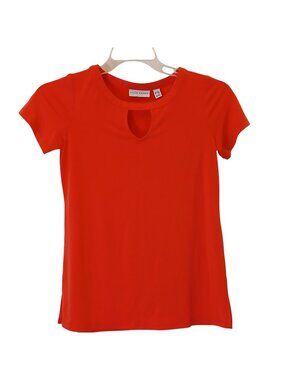 Susan Graver Womens Red Keyhole Short Sleeve Top XXSP Petite Liquid Knit  #I-11